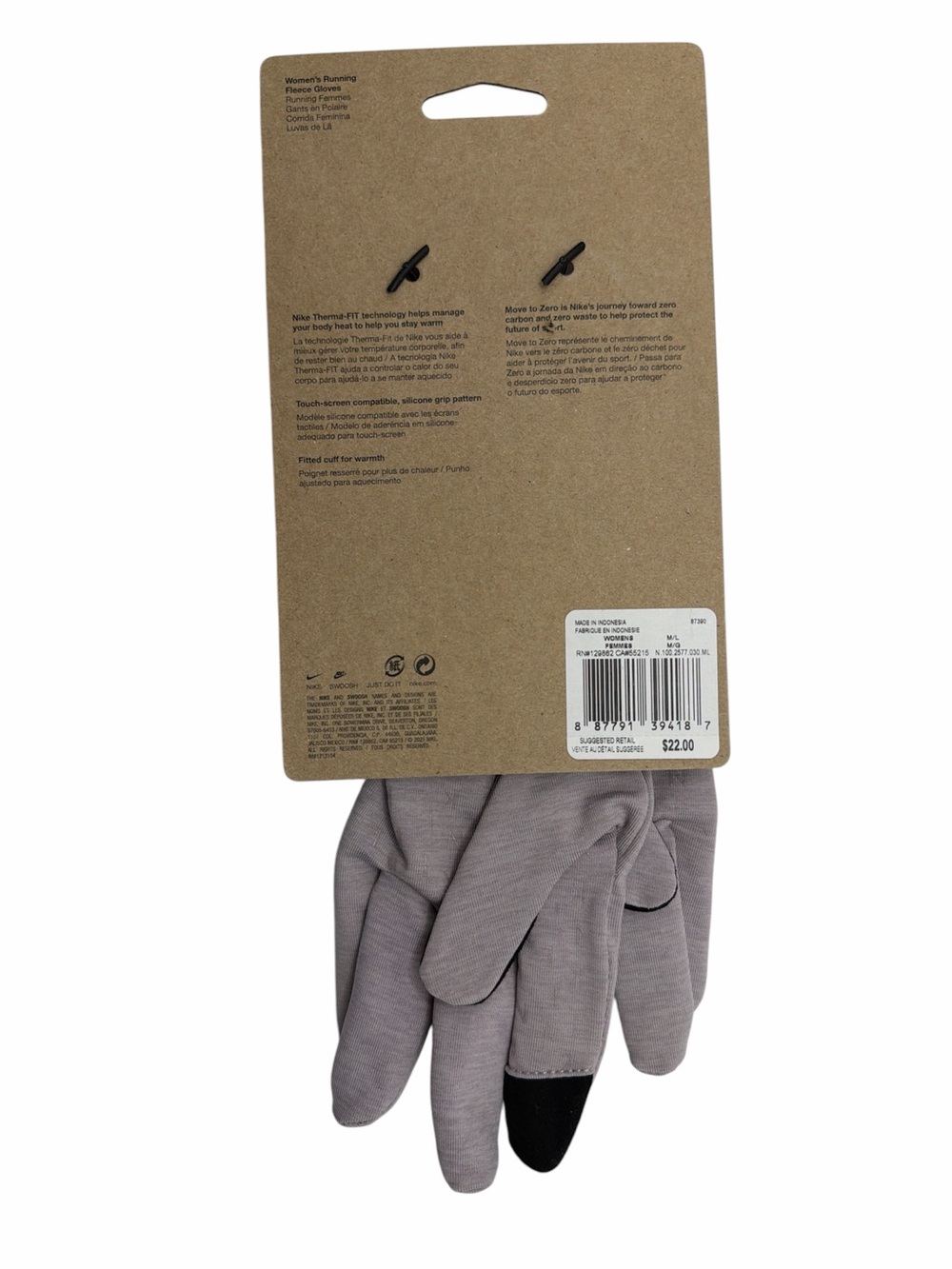 NWT Nike Therma Fit Running Fleece Gloves Gray Beige Touch Screen‎ Womens M/L - Picture 2 of 2